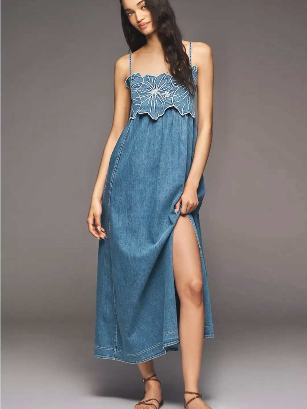 Anthropologie Pilcro Light Denim Floral Appliqué Maxi Dress Size Medium NWT - Picture 3 of 12
